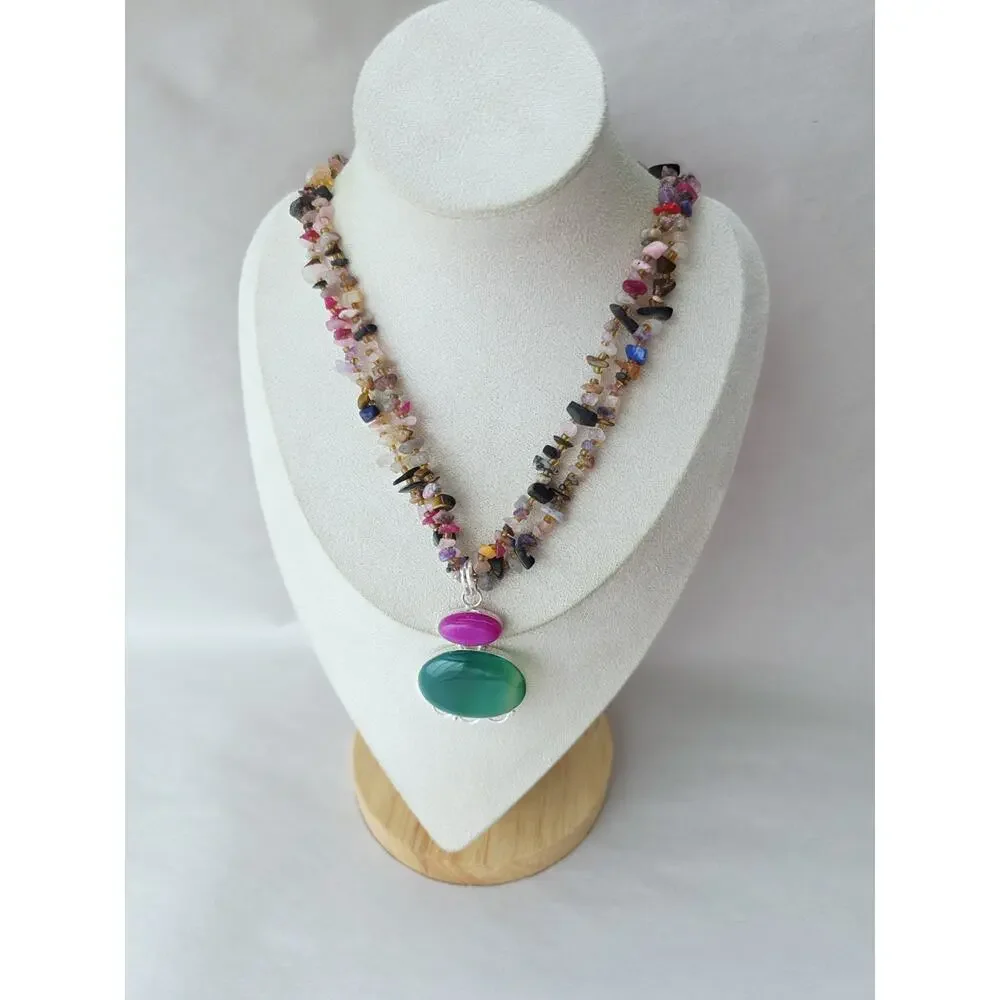 Artisan New Sterling 925 Agate Gemstone Jewel Multi Necklace Colorful Pink Green